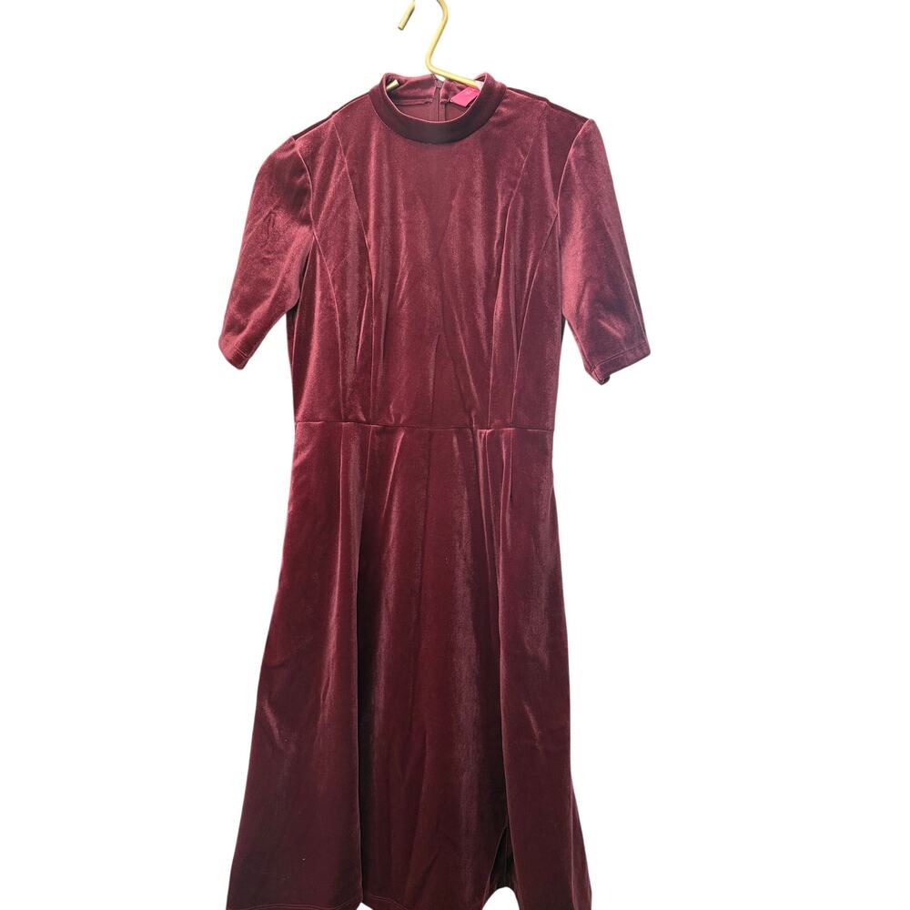 โจ ISAAC MIZRAHI Burgundy Fit & Flare Velvet Touch Dress 4 EUC Short Sleeve ๐ท - Picture 2 of 7